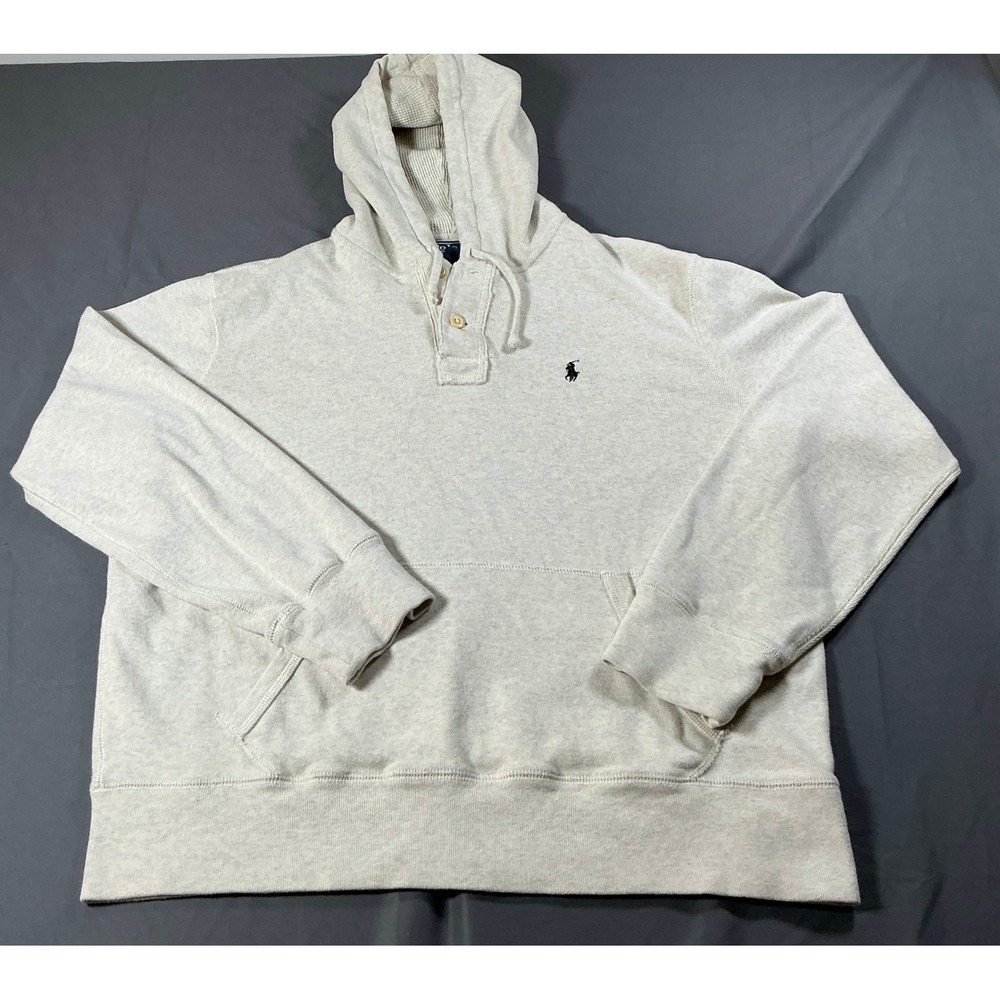 Polo Ralph Lauren Mens Large Oatmeal Heather Henley Hoodie Waffle Lined Cotton